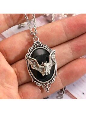 Bat Necklace 3D Pendant Silver Black Goth Rave Scene Costume Vamp Oval Stylish